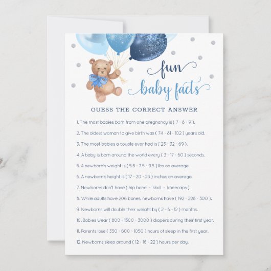 Fun Baby Facts Game Baby Shower Teddy Bear Card Einladung (Vorderseite)