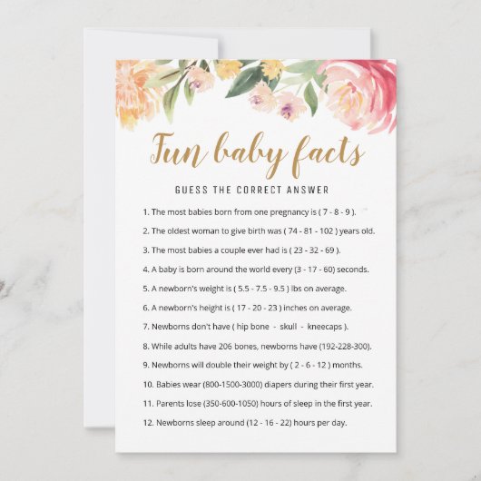 Fun Baby Facts Game with Answers Baby Shower Card Einladung (Vorderseite)