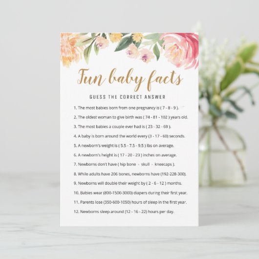 Fun Baby Facts Game with Answers Baby Shower Card Einladung (Stehend Vorderseite)
