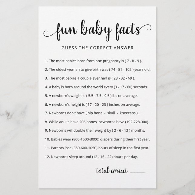 Fun Baby Facts Game with Answers Baby Shower Party (Vorderseite)