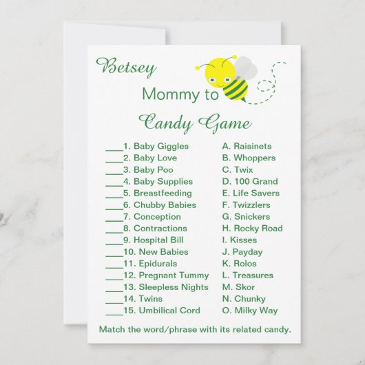 Fun Baby Shower Candy Game Cards Einladung (Vorderseite)