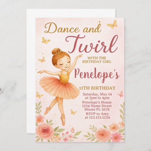 Fun Ballerina Birthday Einladung (Vorne/Hinten)