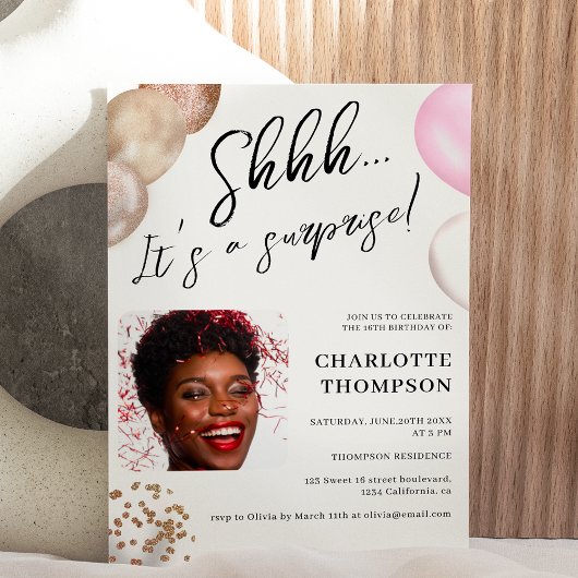 Fun Ballons goldweißes Foto Überraschung Sweet 16 Einladung