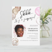 Fun Ballons goldweißes Foto Überraschung Sweet 16 Einladung (Stehend Vorderseite)