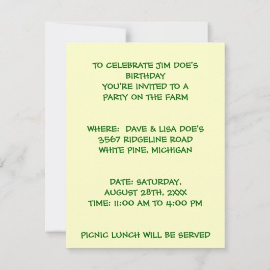 FUN BARNYARD LANDWIRTSCHAFT PARTY PEACOCK & HOG IN EINLADUNG (Rückseite)