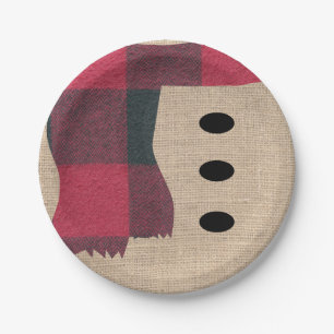 Fun Bauernhof Burlap Snowman Kariert Scarf & Butto Pappteller