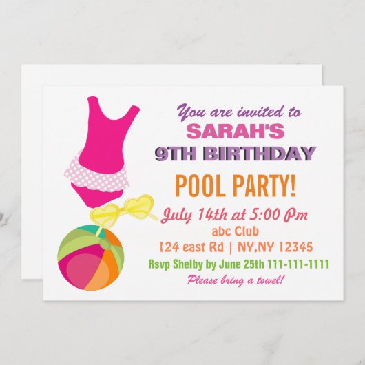 Fun Beach Ball Flipflop Girls Pool Party lädt ein Einladung (Vorne/Hinten)