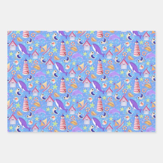 Fun Beach Blue Wrapping Paper Geschenkpapier Set (Vorderseite)