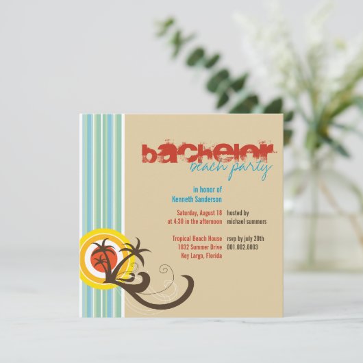 Fun Beach Holiday Bachelor Typ Party laden Einladung (Stehend Vorderseite)