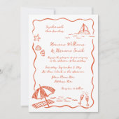 Fun Beach Red Whimsical Sketch Hand Drawn Wedge Einladung (Vorderseite)