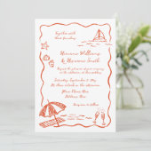 Fun Beach Red Whimsical Sketch Hand Drawn Wedge Einladung (Stehend Vorderseite)
