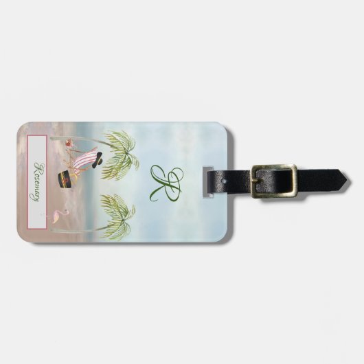 Fun Beach Scene Glam Palm Tree Monogram Name Gepäckanhänger (Vorderseite horizontal)