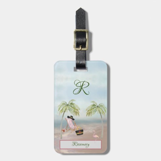 Fun Beach Scene Glam Palm Tree Monogram Name Gepäckanhänger (Vorderseite vertikal)