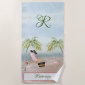 Fun Beach Scene Glam Palm Tree Monogram Name Strandtuch (Vorderseite)