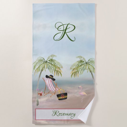 Fun Beach Scene Glam Palm Tree Monogram Name Strandtuch (Vorderseite)