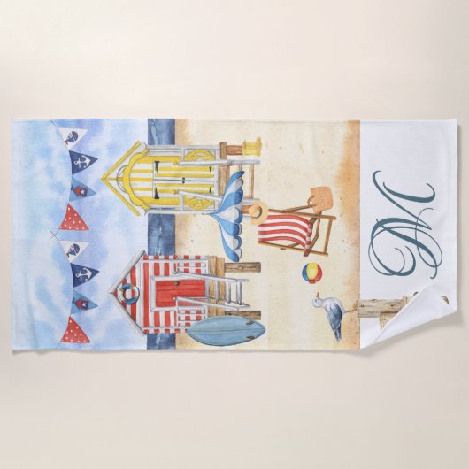 Fun Beach Summer Scene Ocean Monogram Strandtuch (Vorderseite)