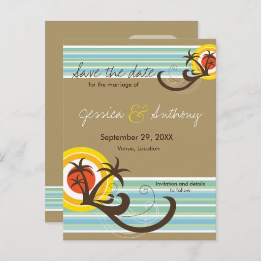 Fun Beach Tropical Sunset Palmen Save the Date Ankündigungspostkarte (Vorne/Hinten)