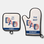 Fun Bester VATER Zwei Fotos Name Red White und Blu Ofenhandschuh & Topflappen-Set (Vorderseite)