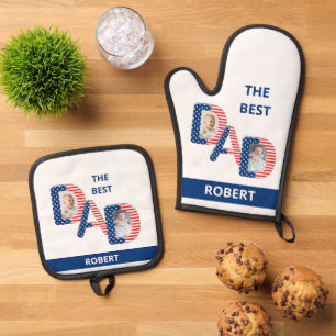 Fun Bester VATER Zwei Fotos Name Red White und Blu Ofenhandschuh & Topflappen-Set