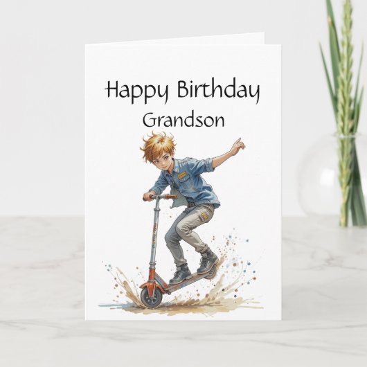 Fun Birthday Grandson Boy auf einem Kick Scooter S Karte (Vorderseite)