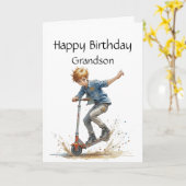 Fun Birthday Grandson Boy auf einem Kick Scooter S Karte (Gelbe Blume)