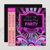 Fun Birthday Party Girls Hot Pink Tickets Einladung (Vorne/Hinten)