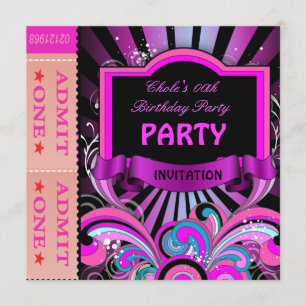 Fun Birthday Party Girls Hot Pink Tickets Einladung