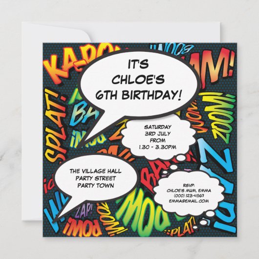 Fun Birthday Party Modernes Comic Sprechblasen Einladung (Vorderseite)