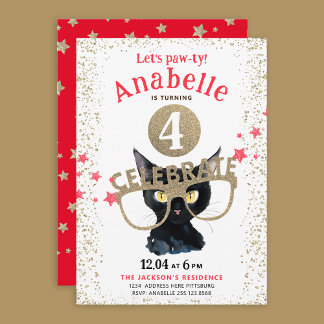 Fun Black Cat Gold Glitzer Rote Sterne Wasserfarbe Einladung
