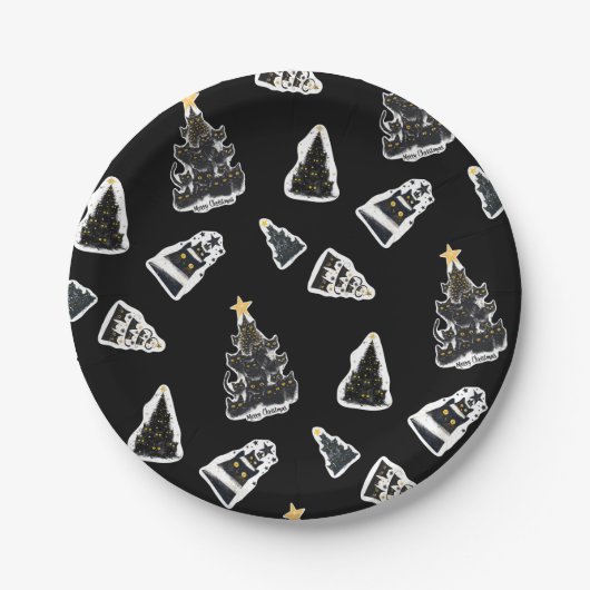 Fun Black Cat Meowy Weihnachtsbaum Pappteller (Vorderseite)