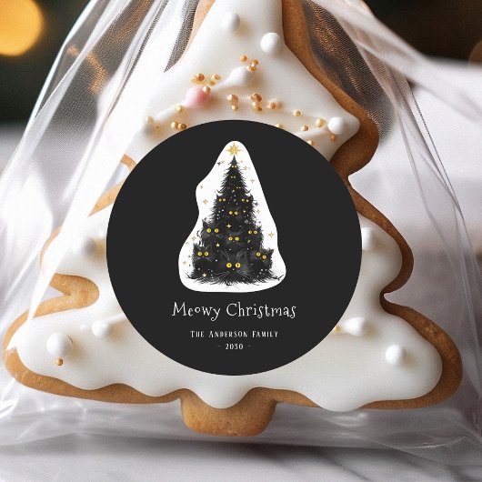 Fun Black Cat Meowy Weihnachtsbaum Runder Aufkleber