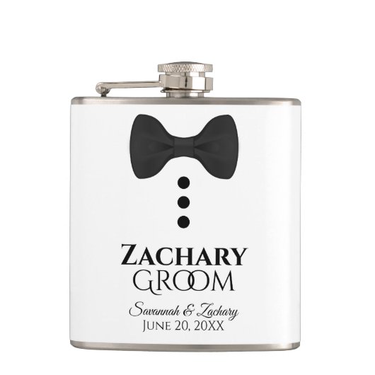 Fun Black Krawatte Tuxedo Groom Hochzeitsflasche Flachmann (Vorderseite)