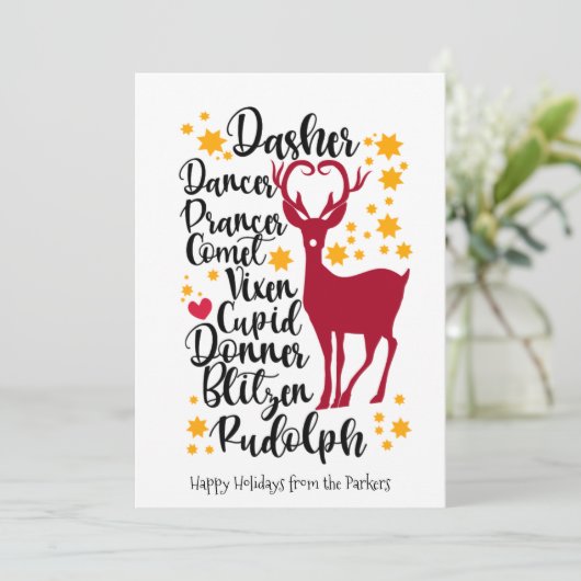 Fun Black Script Santa Reindeer Name Weihnachten (Stehend Vorderseite)
