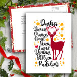Fun Black Script Santa Reindeer Name Weihnachten Postkarte<br><div class="desc">Spaß Schwarzes Script Weihnachtsmann Name Weihnachtskarte. Wie viele Rentiere hat der Weihnachtsmann und wie heißen sie? Mit dieser niedlichen und lustigen Urlaubskarte senden Sie Ihren Lieben herzliche Wünsche und Grüße. Herzlichen Glückwunsch an alle einen schönen Urlaub und ein Phantastisches Neues Jahr!</div>