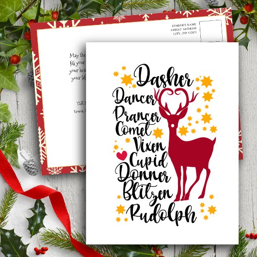 Fun Black Script Santa Reindeer Name Weihnachten Postkarte