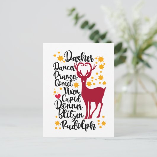 Fun Black Script Santa Reindeer Name Weihnachten Postkarte (Stehend Vorderseite)