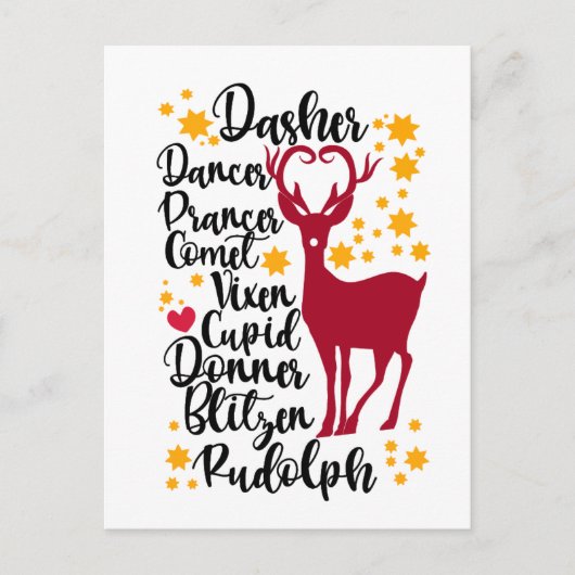 Fun Black Script Santa Reindeer Name Weihnachten Postkarte (Vorderseite)