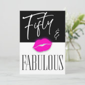 Fun Black White Fifty Fabulous Pink Lips Birthday Einladung (Stehend Vorderseite)