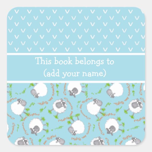 Fun Blau und Weiß Buchzeichen mit Comic Sheep Quadratischer Aufkleber (Vorderseite)