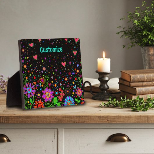 Fun Bloral Heart Whimsical Personalisiert Black Fotoplatte