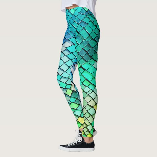 Fun Blue Abstrakt Geometric Mermaid Scales Pattern Leggings (Links)