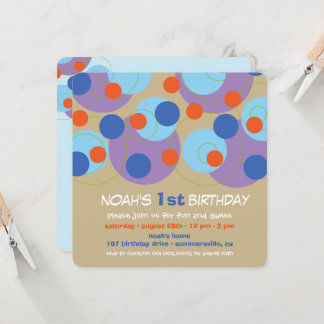 Fun Blue Bubbly Dots Foto Boy 1. Geburtstag Party Einladung