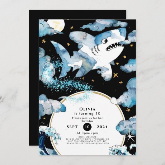 Fun Blue Editable Shark Birthday Einladung (Vorne/Hinten)