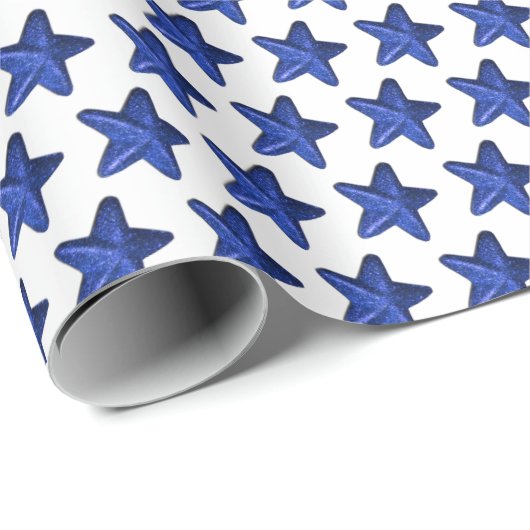 Fun Blue Glitzer Star Pattern auf Weiß Geschenkpapier (Rolleneckpunkt)