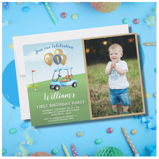 Fun Blue Golf Cart Foto Erster Geburtstag Junge Einladung