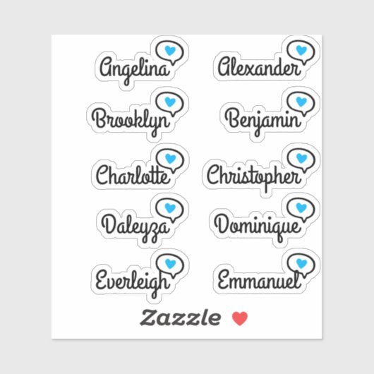 Fun Blue Heart Speech Bubble Guest List 10 Names Aufkleber (Blatt)