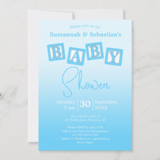 Fun Blue Ombre BABY Boy Blocks Einladung (Vorderseite)