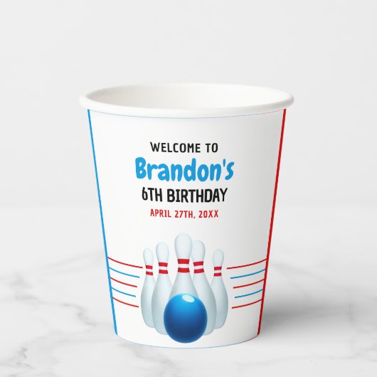 Fun Blue & Red Bowling Kinder 6. Geburtstag Pappbecher (Vorderseite)
