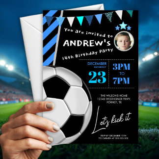 Fun Blue Soccer Birthday Party Invitation Einladung