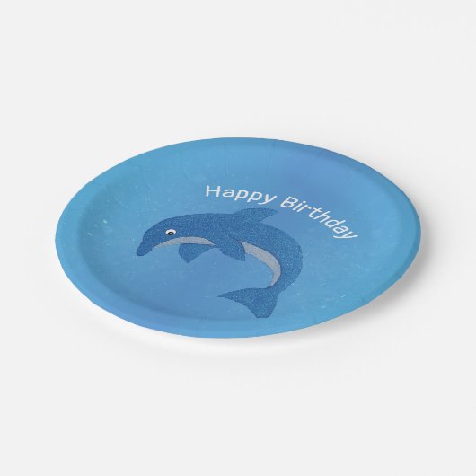 Fun Blue Sparkle like Dolphin Jumping Birthday Pappteller (Schrägansicht)